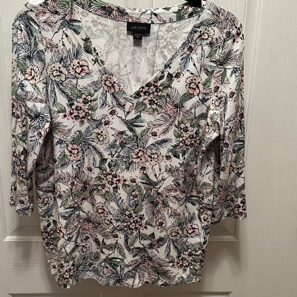 J. Jill Floral 3/4 Sleeve Top White Green and Pink Floral Hummingbird size XSP
